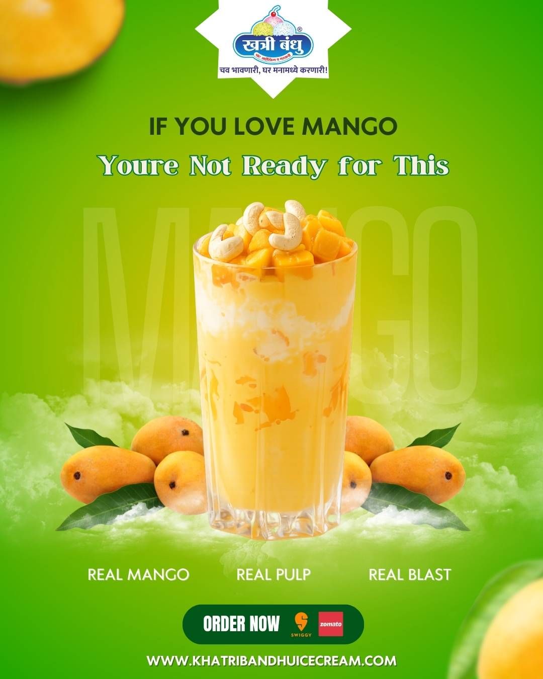 A chilled glass of creamy mango blast with rich yellow colour and smooth texture.