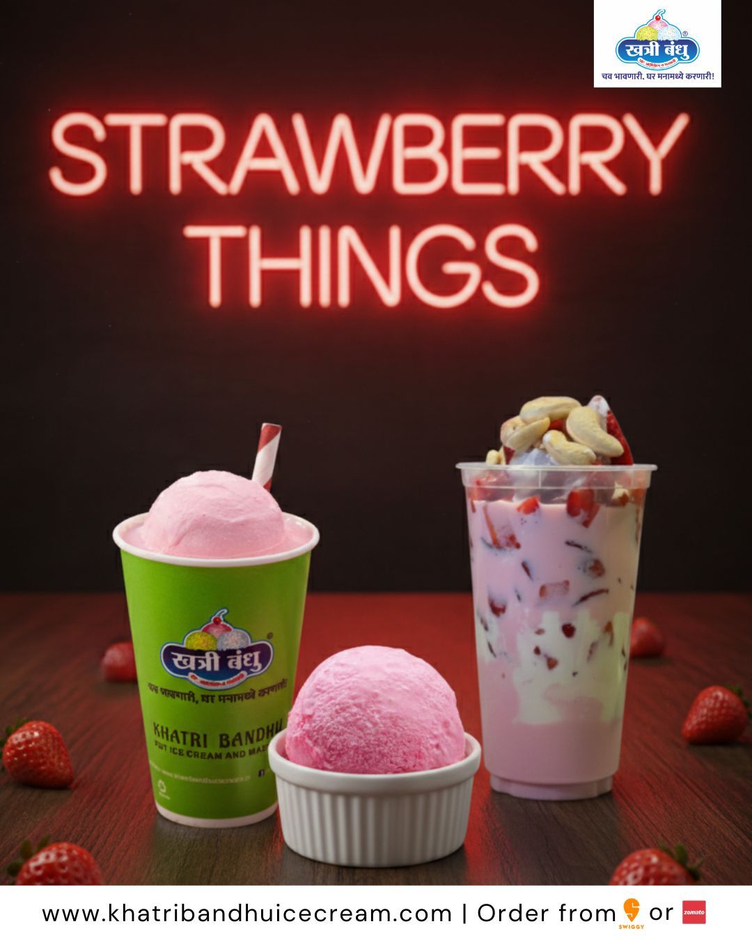 Three strawberry desserts including Strawberry Blast, Strawberry Mastani, and Strawberry Ice Cream served chilled.