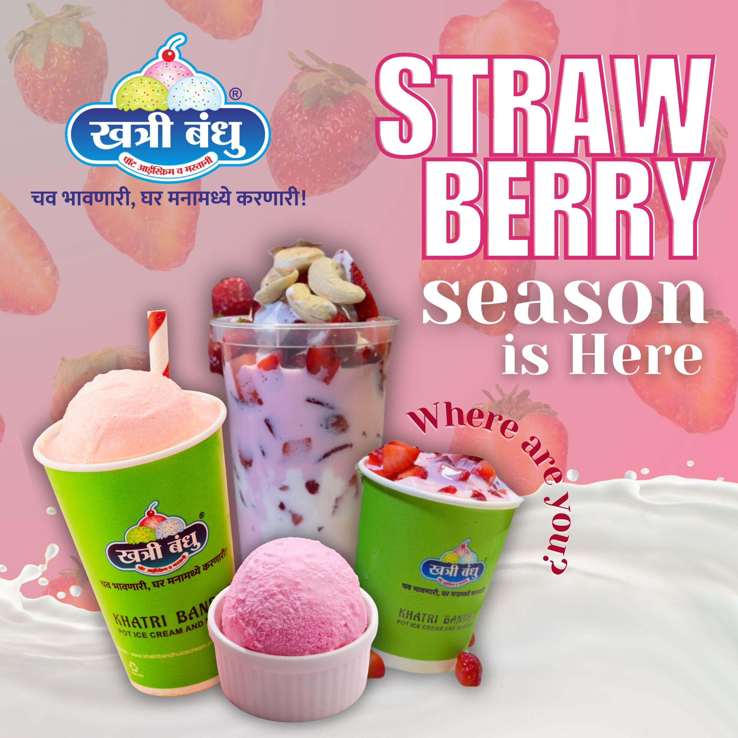 A scoop of creamy, fresh strawberry ice cream from Khatri Bandhu, featuring vibrant colors and real strawberry chunks – the ultimate dessert experience in Pune.