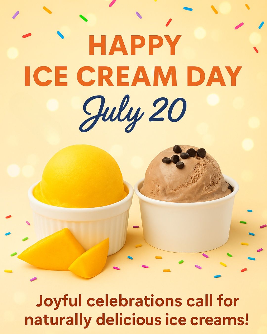 A joyful summer-themed setup with natural mango and choco chip ice cream scoops in bowls, surrounded by colorful sprinkles and cheerful Ice Cream Day signage.