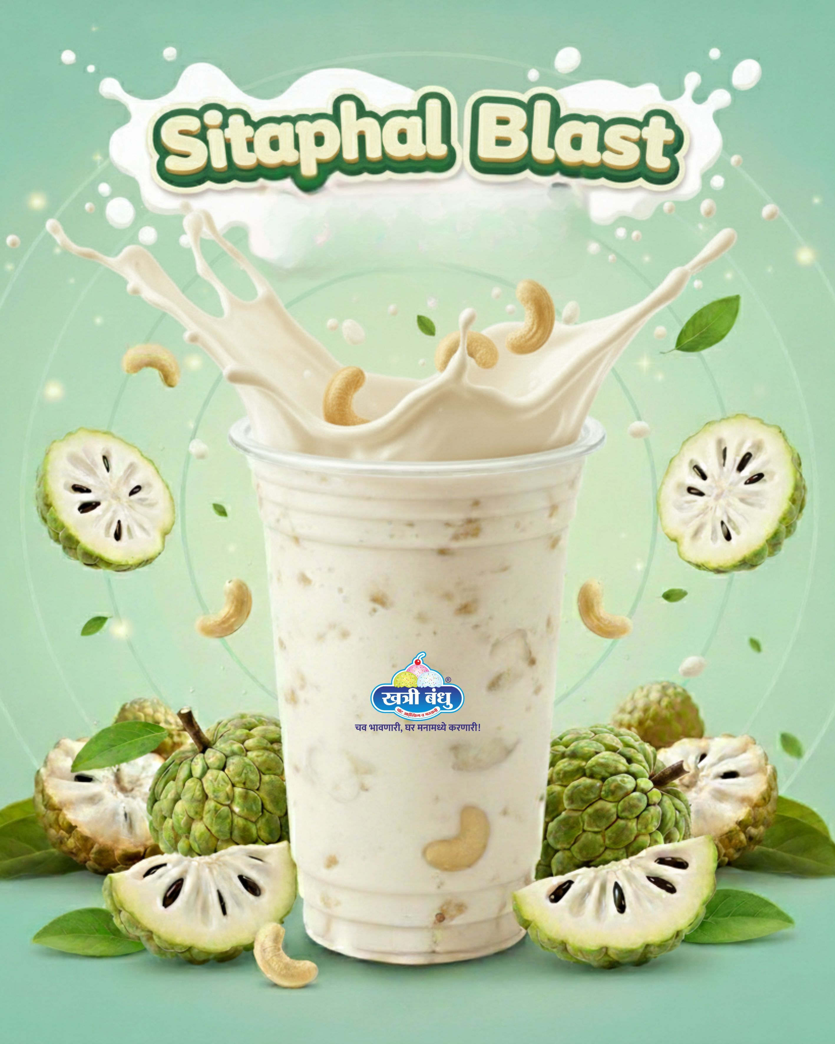 A tall glass of Sitafal Blast with visible custard apple pieces and thick creamy topping, served chilled.