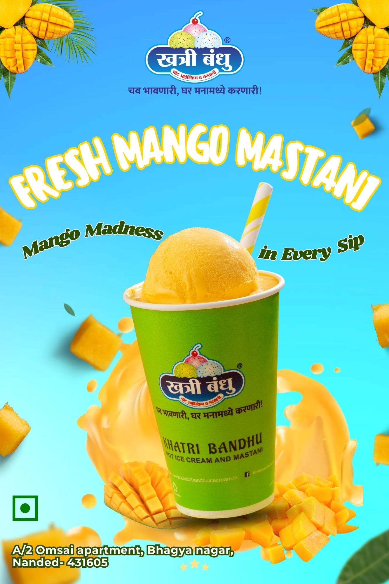 Fresh Mango Mastani in a tall glass topped with dry fruits and ice cream