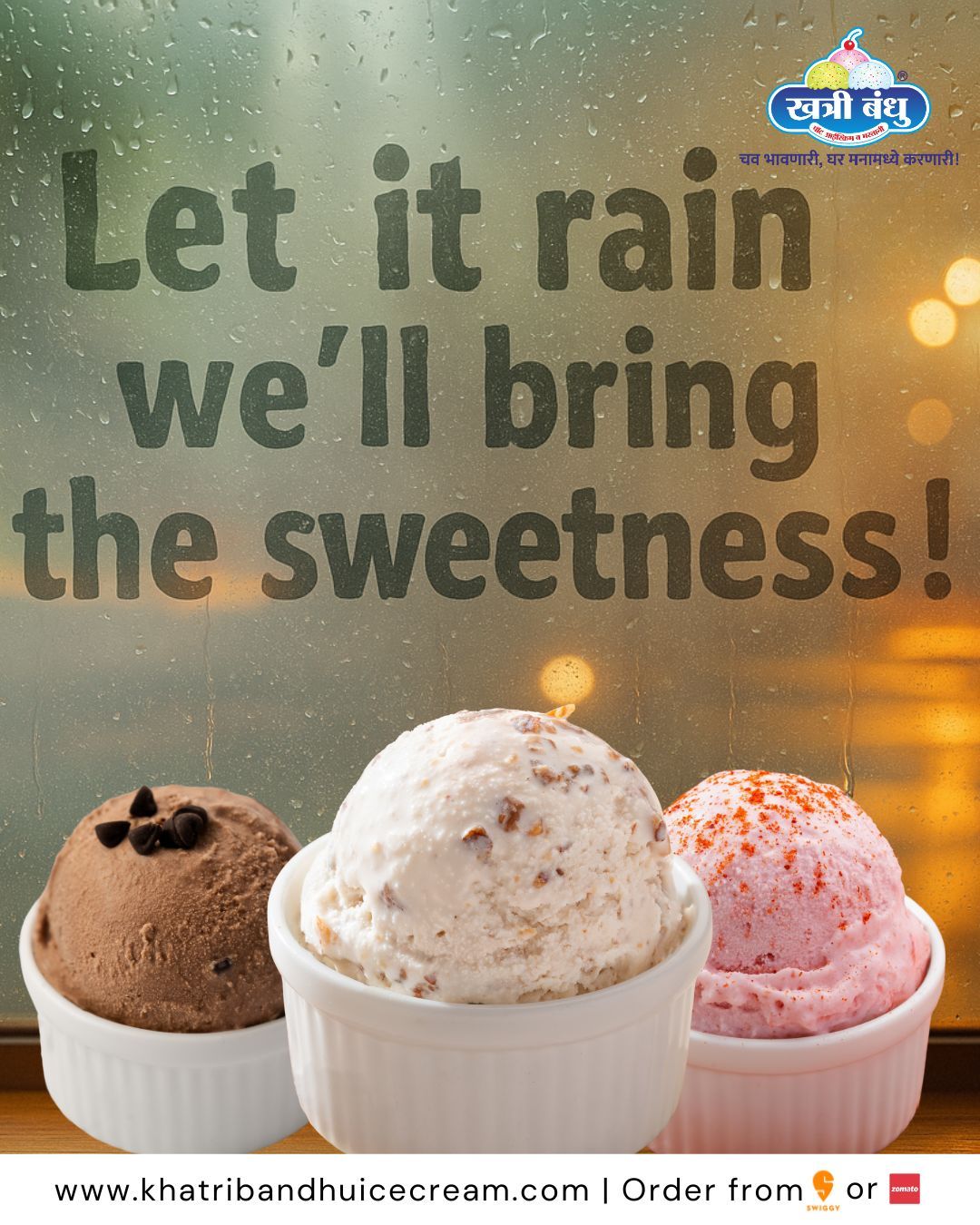 A tall chilled glass of Mastani with fresh toppings beside a window, with raindrops falling outside – the perfect monsoon dessert moment.